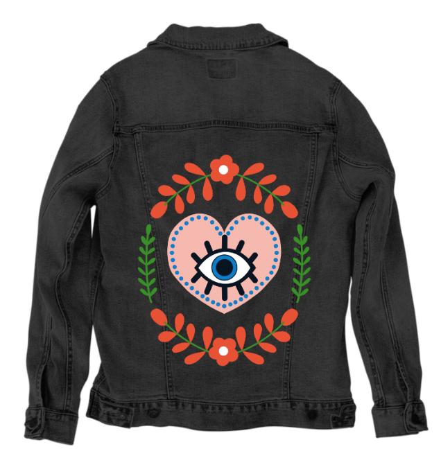 THE HEART SEES by HEND SHEHATA, digitally printed on DENIM products: throw pillows, aprons, table place mats, and hand-made Unisex Denim Jackets in 3 color choices