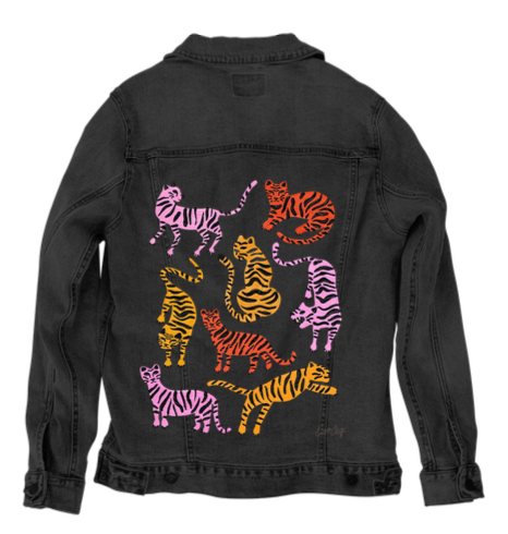 CHEETAH COLLECTION by CatCoq, digitally printed on DENIM products: throw pillows, aprons, table place mats, and hand-made Unisex Denim Jackets in 3 color choices