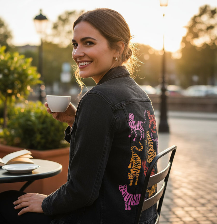 TIGER COLLECTION by CatCoq, digitally printed on DENIM products: throw pillows, aprons, table place mats, and hand-made Unisex Denim Jackets in 3 color choices