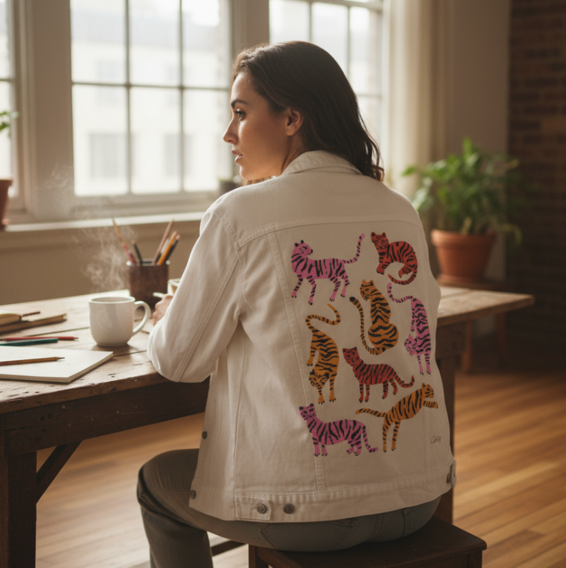 CHEETAH COLLECTION by CatCoq, digitally printed on DENIM products: throw pillows, aprons, table place mats, and hand-made Unisex Denim Jackets in 3 color choices