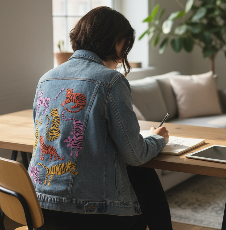 CHEETAH COLLECTION by CatCoq, digitally printed on DENIM products: throw pillows, aprons, table place mats, and hand-made Unisex Denim Jackets in 3 color choices