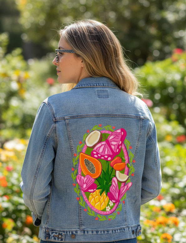 TROPICAL PARADISE BUTTERFLY by INDYSIGN, printed on a hand-made Unisex Denim Jacket