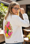 TROPICAL PARADISE BUTTERFLY by INDYSIGN, printed on a hand-made Unisex Denim Jacket