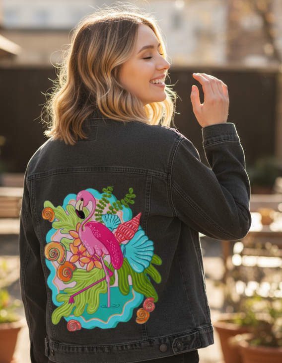 TROPICAL PARADISE FLAMINGO by IndySign, digitally printed on DENIM products: throw pillows, aprons, table place mats, and hand-made Unisex Denim Jackets in 3 color choices