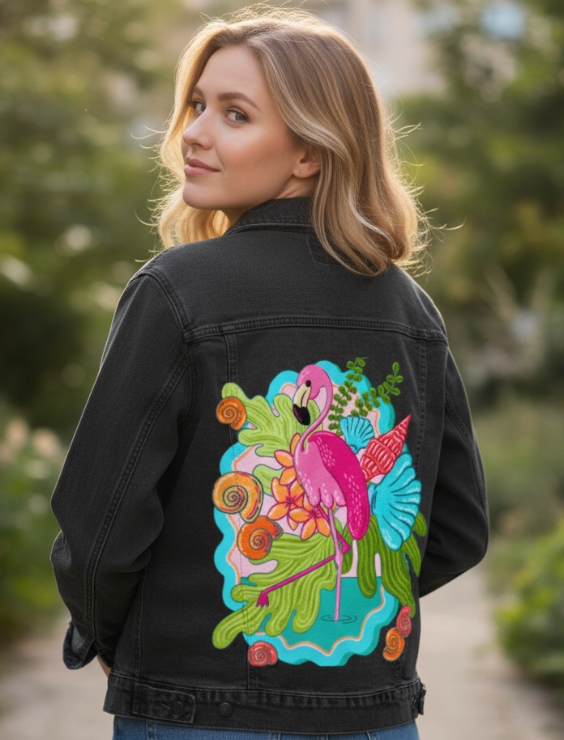 TROPICAL PARADISE FLAMINGO by IndySign, digitally printed on DENIM products: throw pillows, aprons, table place mats, and hand-made Unisex Denim Jackets in 3 color choices