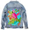 TROPICAL PARADISE FLAMINGO by INDYSIGN, printed on a hand-made Unisex Denim Jacket