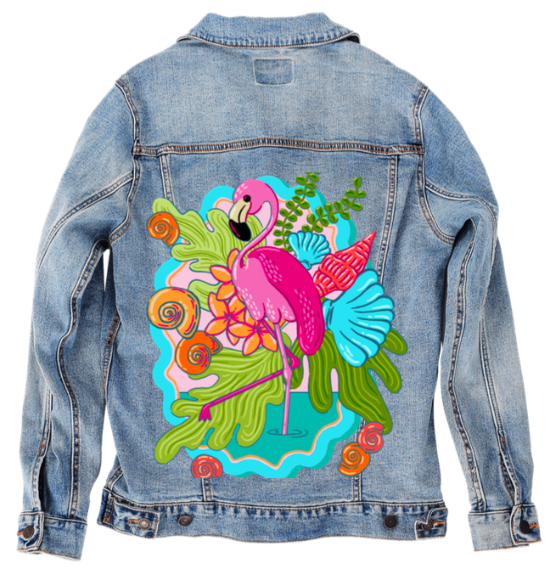 TROPICAL PARADISE FLAMINGO by IndySign, digitally printed on DENIM products: throw pillows, aprons, table place mats, and hand-made Unisex Denim Jackets in 3 color choices