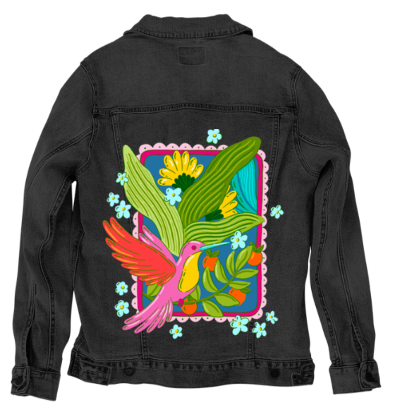 TROPICAL PARADISE HUMMINGBIRD by IndySign, digitally printed on DENIM products: throw pillows, aprons, table place mats, and hand-made Unisex Denim Jackets in 3 color choices
