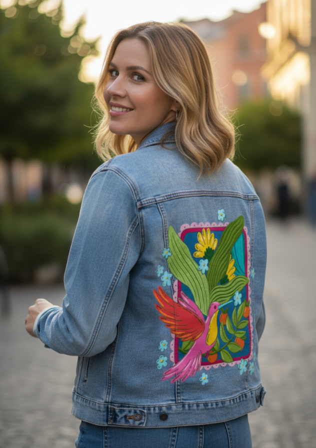 TROPICAL PARADISE HUMMINGBIRD by IndySign, digitally printed on DENIM products: throw pillows, aprons, table place mats, and hand-made Unisex Denim Jackets in 3 color choices