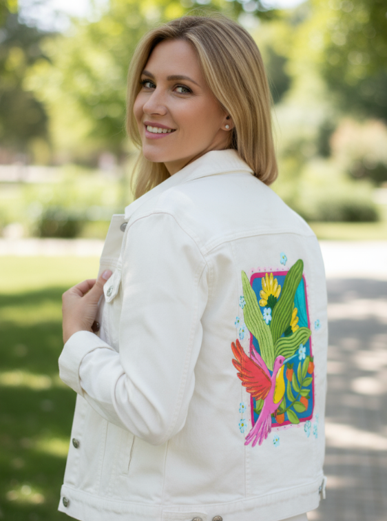 TROPICAL PARADISE HUMMINGBIRD by IndySign, digitally printed on DENIM products: throw pillows, aprons, table place mats, and hand-made Unisex Denim Jackets in 3 color choices