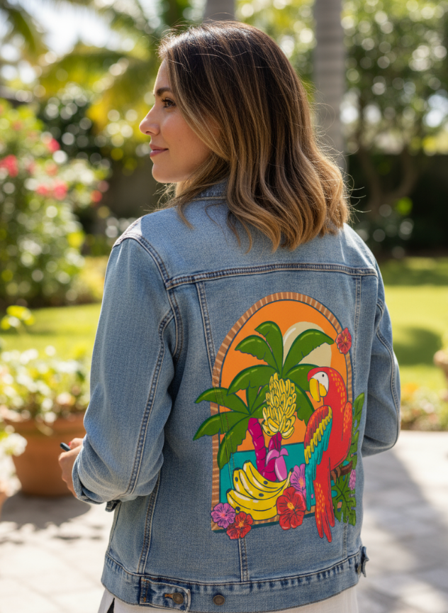 TROPICAL PARADISE PARROT by IndySign, digitally printed on DENIM products: throw pillows, aprons, table place mats, and hand-made Unisex Denim Jackets in 3 color choices