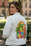 TROPICAL PARADISE PARROT by INDYSIGN, printed on a hand-made Unisex Denim Jacket