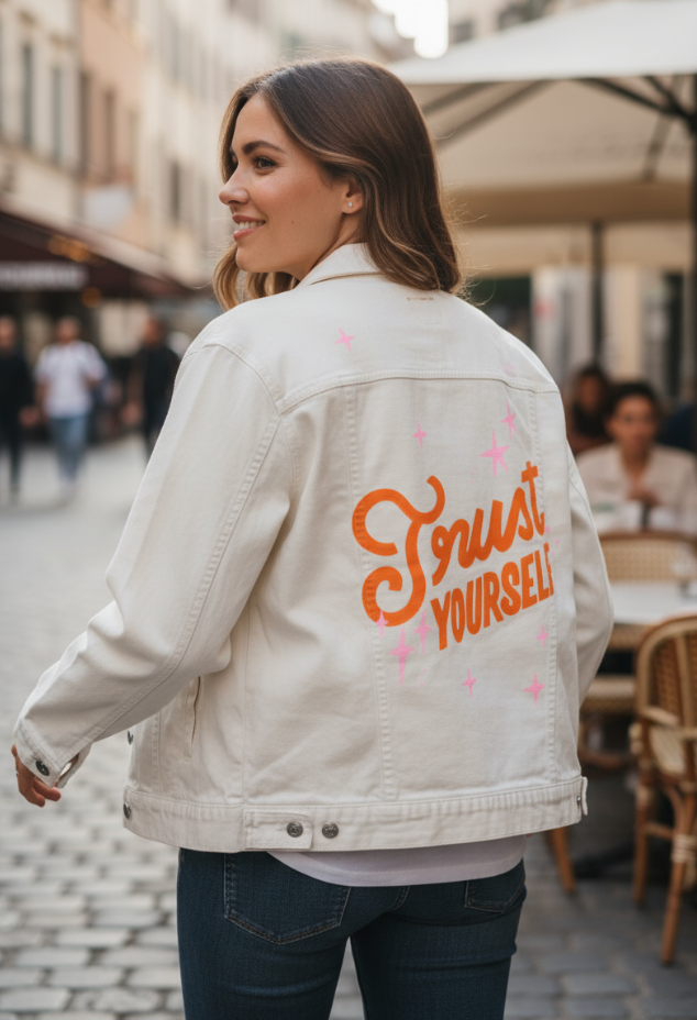 TRUST YOURSELF by IndySign, digitally printed on DENIM products: throw pillows, aprons, table place mats, and hand-made Unisex Denim Jackets in 3 color choices