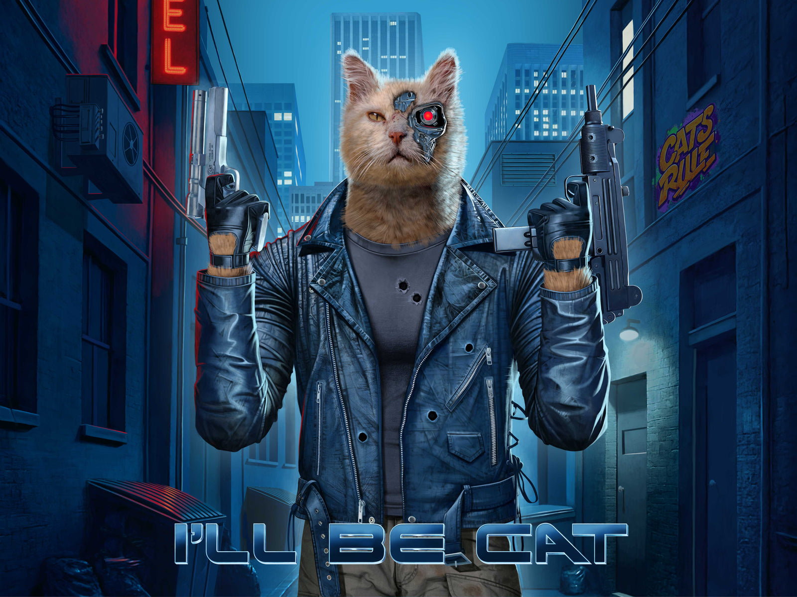 TERMINATOR CAT landscape by VINCENT HIE, digitally printed on DENIM products: throw pillows, aprons, table place mats, and hand-made Unisex Denim Jackets in 3 color choices