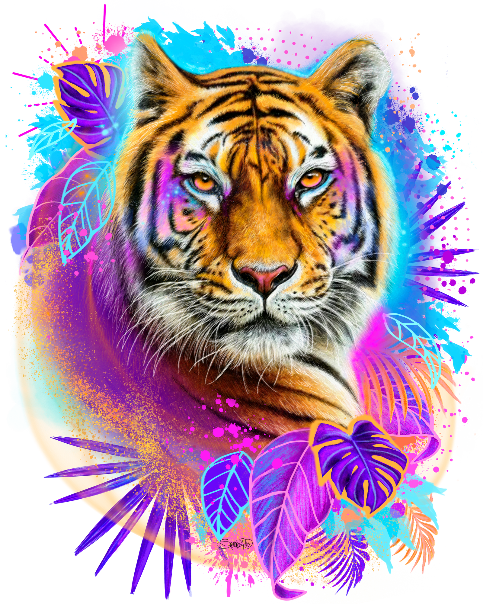TIGER SPIRIT by SHEENA PIKE, digitally printed on DENIM products: throw pillows, aprons, table place mats, and hand-made Unisex Denim Jackets in 3 color choices