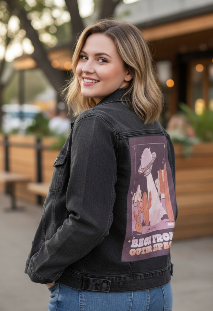 UFO SPACE PURPLE by KITSCH AND CURATE, digitally printed on DENIM products: throw pillows, aprons, table place mats, and hand-made Unisex Denim Jackets in 3 color choices