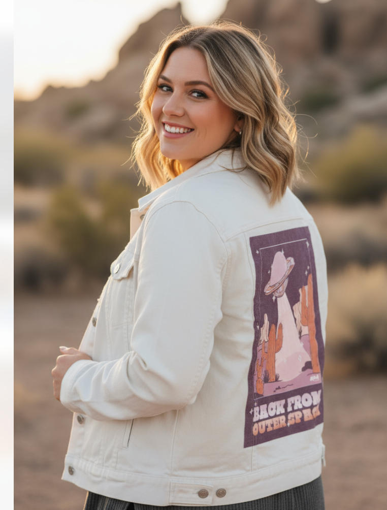 UFO SPACE PURPLE by KITSCH AND CURATE, digitally printed on DENIM products: throw pillows, aprons, table place mats, and hand-made Unisex Denim Jackets in 3 color choices