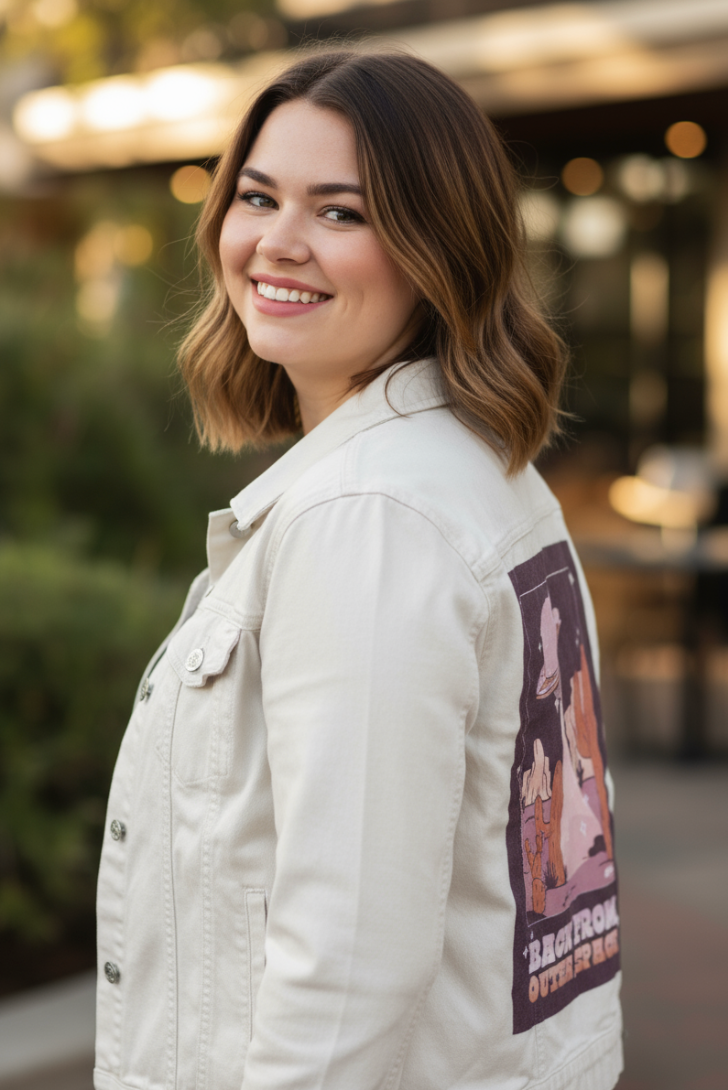 UFO SPACE PURPLE by KITSCH AND CURATE, digitally printed on DENIM products: throw pillows, aprons, table place mats, and hand-made Unisex Denim Jackets in 3 color choices