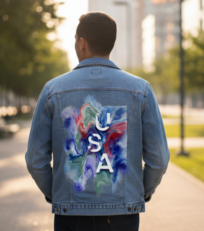 USA ABSTRACT by RAMIR DESIGNS, digitally printed on DENIM products: throw pillows, aprons, table place mats, and hand-made Unisex Denim Jackets in 3 color choices