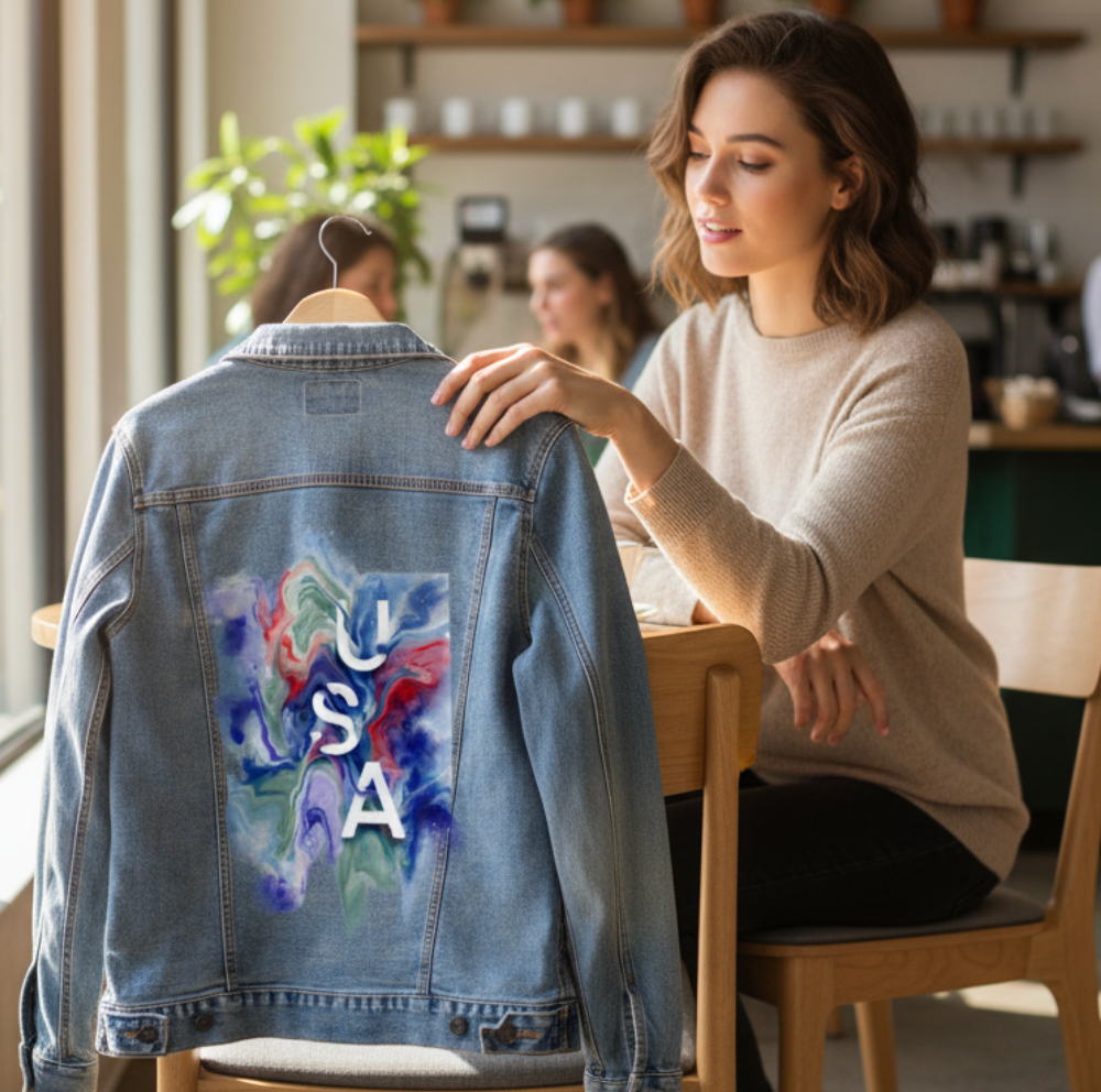 USA ABSTRACT by RAMIR DESIGNS, digitally printed on DENIM products: throw pillows, aprons, table place mats, and hand-made Unisex Denim Jackets in 3 color choices