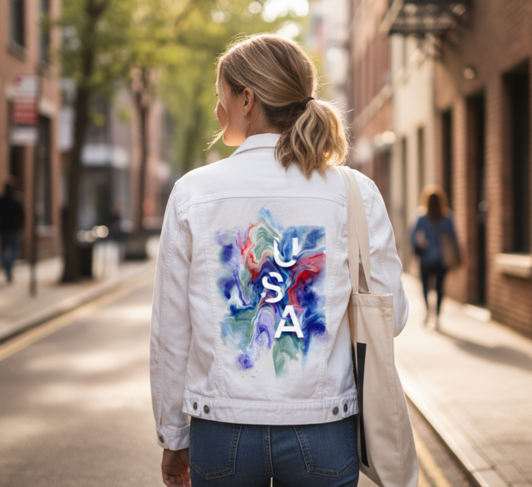 USA ABSTRACT by RAMIR DESIGNS, digitally printed on DENIM products: throw pillows, aprons, table place mats, and hand-made Unisex Denim Jackets in 3 color choices