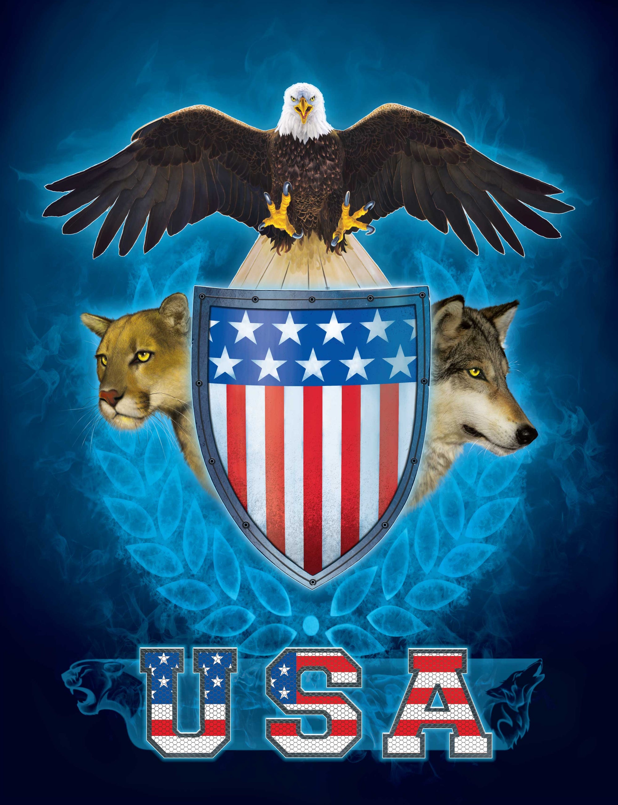 USA TRINITY by VINCENT HIE, digitally printed on DENIM products: throw pillows, aprons, table place mats, and hand-made Unisex Denim Jackets in 3 color choices