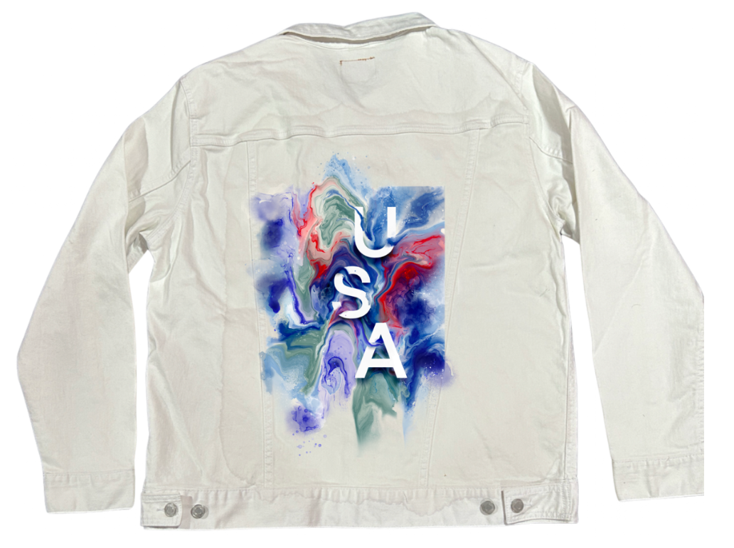 USA ABSTRACT by RAMIR DESIGNS, digitally printed on DENIM products: throw pillows, aprons, table place mats, and hand-made Unisex Denim Jackets in 3 color choices