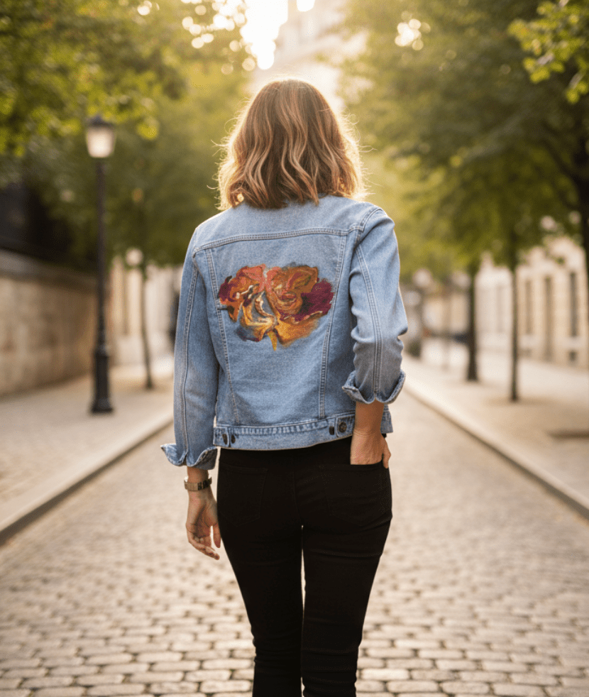 VIBRANT FLOWER by RAMIR DESIGNS, digitally printed on DENIM products: throw pillows, aprons, table place mats, and hand - made Unisex Denim Jackets in 3 color choices custom denim jacket by DenimINK