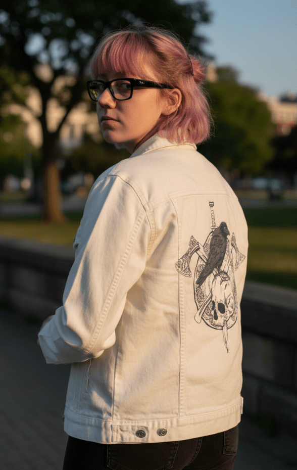 VIKINGS SHIELD by JESS ADAMS, digitally printed on DENIM products: throw pillows, aprons, table place mats, and hand-made Unisex Denim Jackets in 3 color choices Vikings Shield by Jess Adams, on a hand-crafted Custom Stonewashed, White, or Black Denim Jacket. Unisex. Digitally printed in the USA. Ships free to USA &amp; also Internationally. XS S M L XL 2X 3X