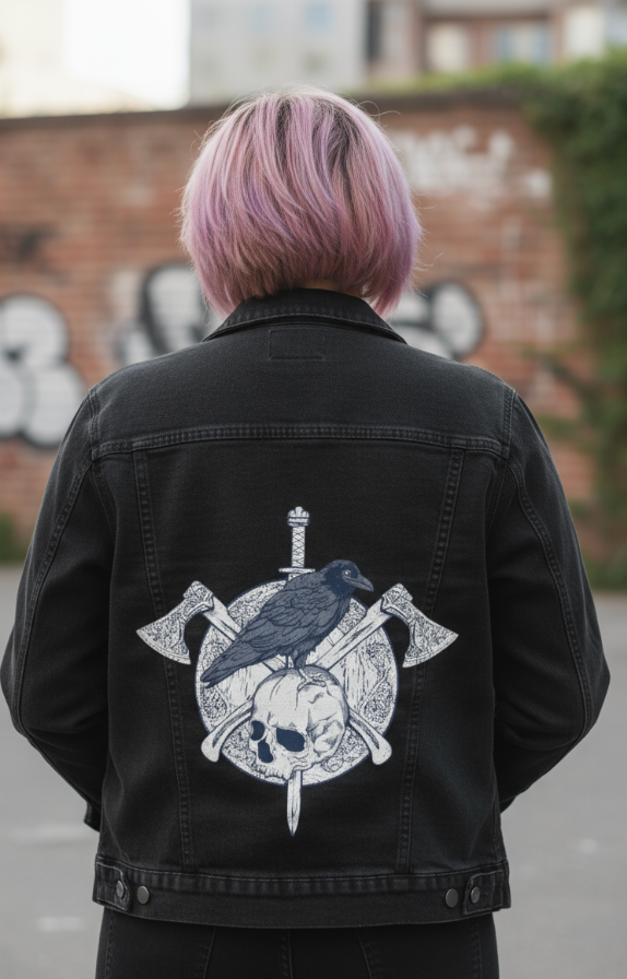 VIKINGS SHIELD by JESS ADAMS, digitally printed on DENIM products: throw pillows, aprons, table place mats, and hand-made Unisex Denim Jackets in 3 color choices