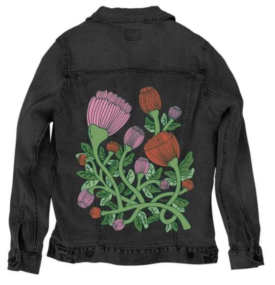 VINEBOUND BLOOMS by IndySign, digitally printed on DENIM products: throw pillows, aprons, table place mats, and hand-made Unisex Denim Jackets in 3 color choices