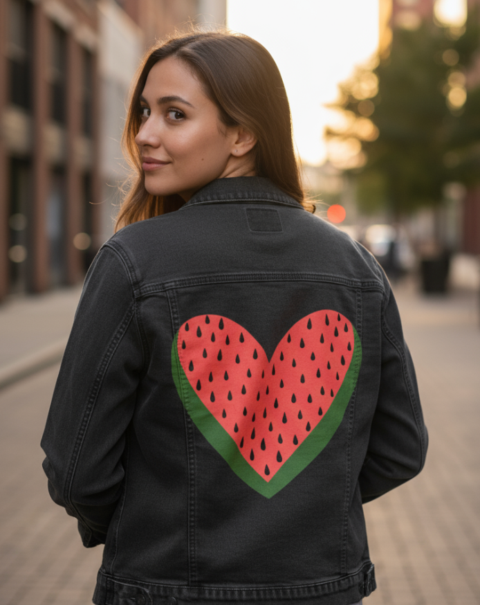 WATERMELON HEART by HEND SHEHATA, digitally printed on DENIM products: throw pillows, aprons, table place mats, and hand-made Unisex Denim Jackets in 3 color choices