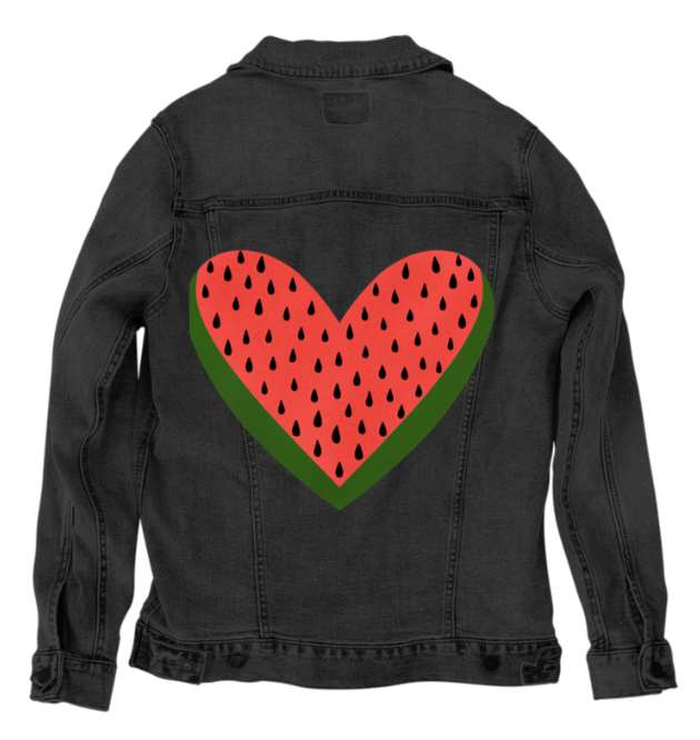 WATERMELON HEART by HEND SHEHATA, digitally printed on DENIM products: throw pillows, aprons, table place mats, and hand-made Unisex Denim Jackets in 3 color choices