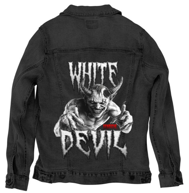 WHITE DEVIL by DeROUCHE DESIGNS, digitally printed on DENIM products: throw pillows, aprons, table place mats, and hand-made Unisex Denim Jackets in 3 color choices