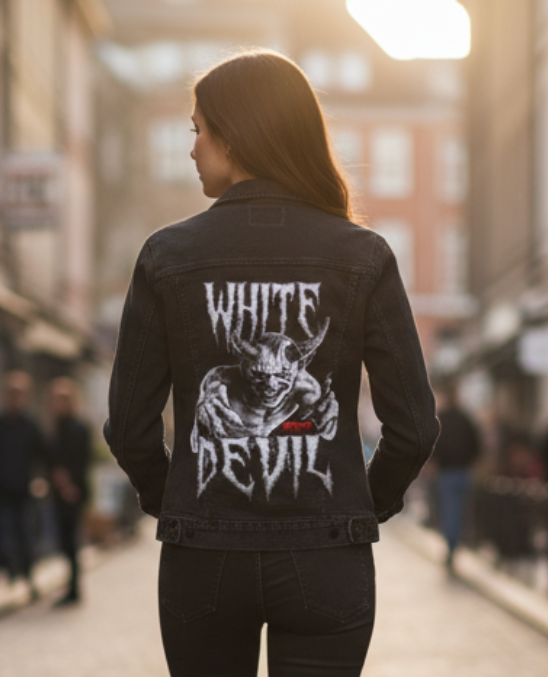 WHITE DEVIL by DeROUCHE DESIGNS, digitally printed on DENIM products: throw pillows, aprons, table place mats, and hand-made Unisex Denim Jackets in 3 color choices