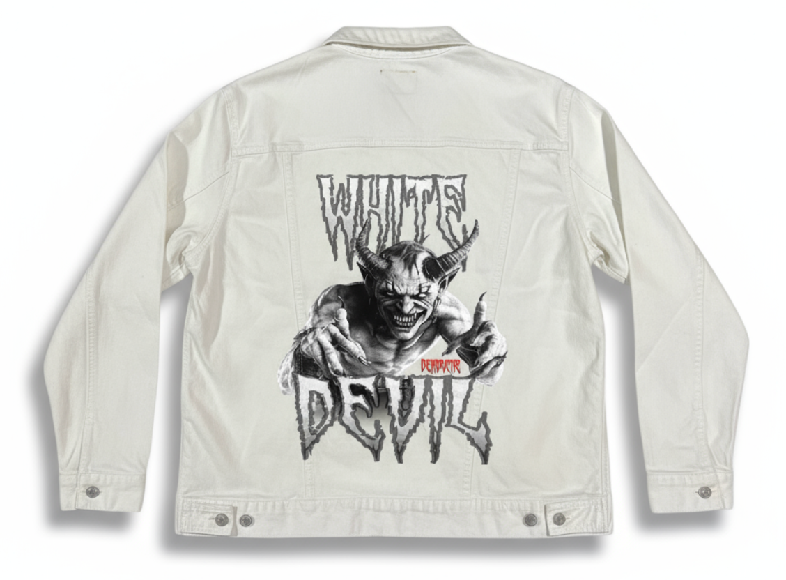WHITE DEVIL by DeROUCHE DESIGNS, digitally printed on DENIM products: throw pillows, aprons, table place mats, and hand-made Unisex Denim Jackets in 3 color choices