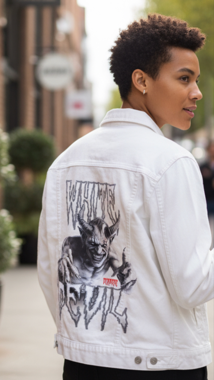 WHITE DEVIL by DeROUCHE DESIGNS, digitally printed on DENIM products: throw pillows, aprons, table place mats, and hand-made Unisex Denim Jackets in 3 color choices