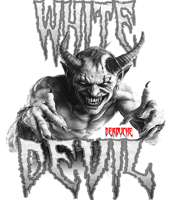WHITE DEVIL by DeROUCHE DESIGNS, digitally printed on DENIM products: throw pillows, aprons, table place mats, and hand-made Unisex Denim Jackets in 3 color choices