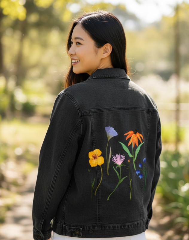 WILDFLOWERS by thearticsoul, digitally printed on DENIM products: throw pillows, aprons, table place mats, and hand-made Unisex Denim Jackets in 3 color choices