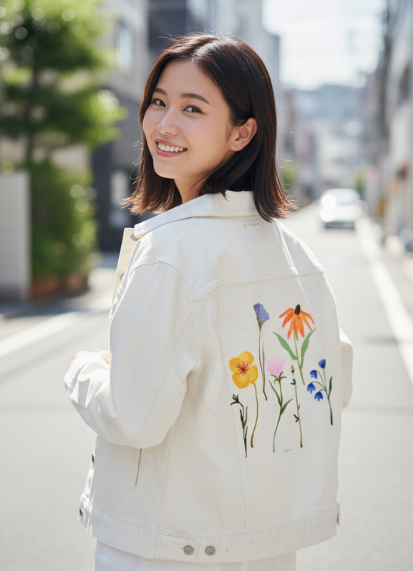 WILDFLOWERS by thearticsoul, digitally printed on DENIM products: throw pillows, aprons, table place mats, and hand-made Unisex Denim Jackets in 3 color choices