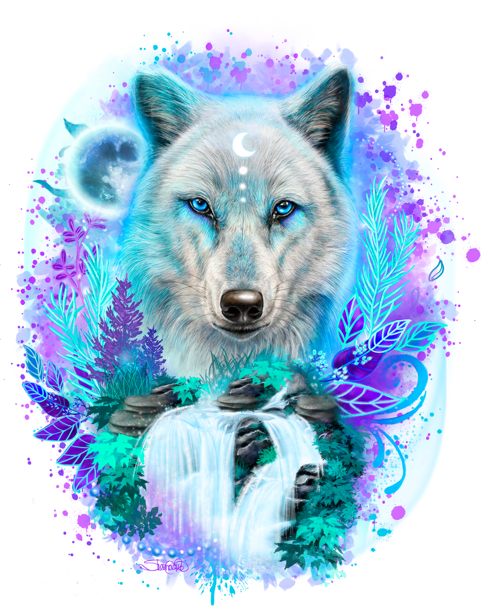 WOLF SPIRIT by SHEENA PIKE, digitally printed on DENIM products: throw pillows, aprons, table place mats, and hand-made Unisex Denim Jackets in 3 color choices