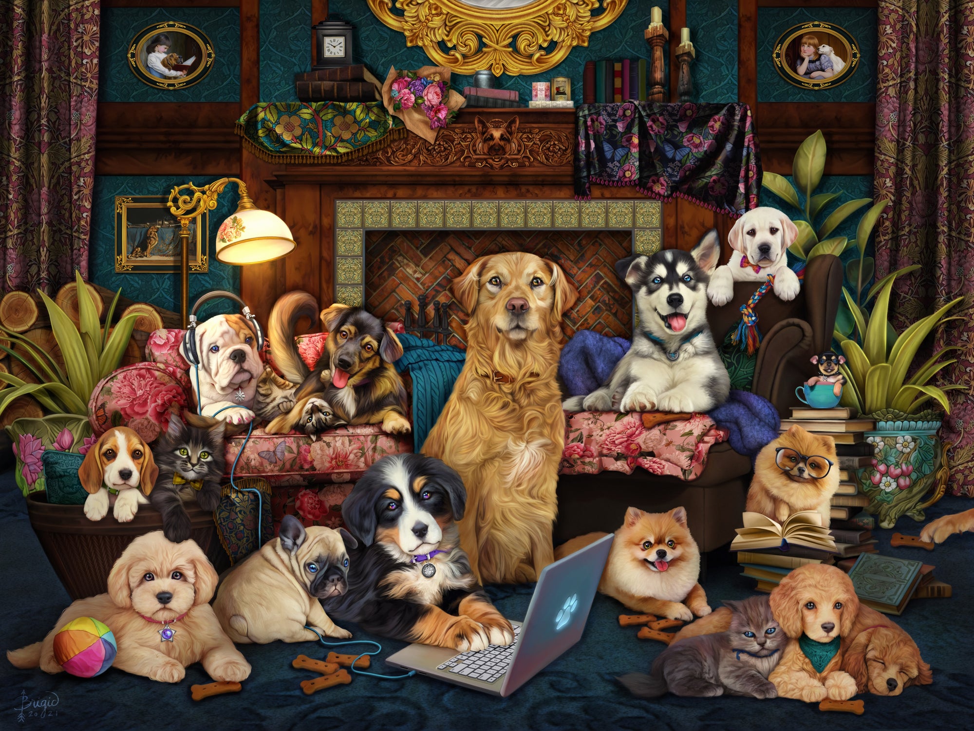 WOOFING FROM HOME by BRIGID ASHWOOD, digitally printed on DENIM products: throw pillows, aprons, table place mats, and hand-made Unisex Denim Jackets in 3 color choices