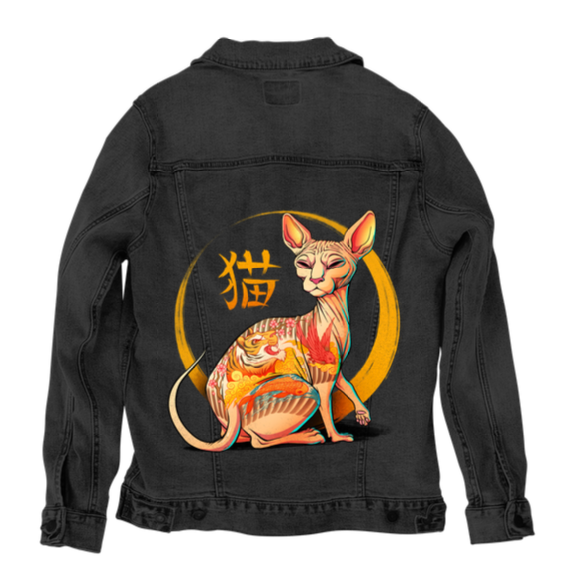 YAKUZA CAT by TOBE FONSECA, digitally printed on DENIM products: throw pillows, aprons, table place mats, and hand-made Unisex Denim Jackets in 3 color choices