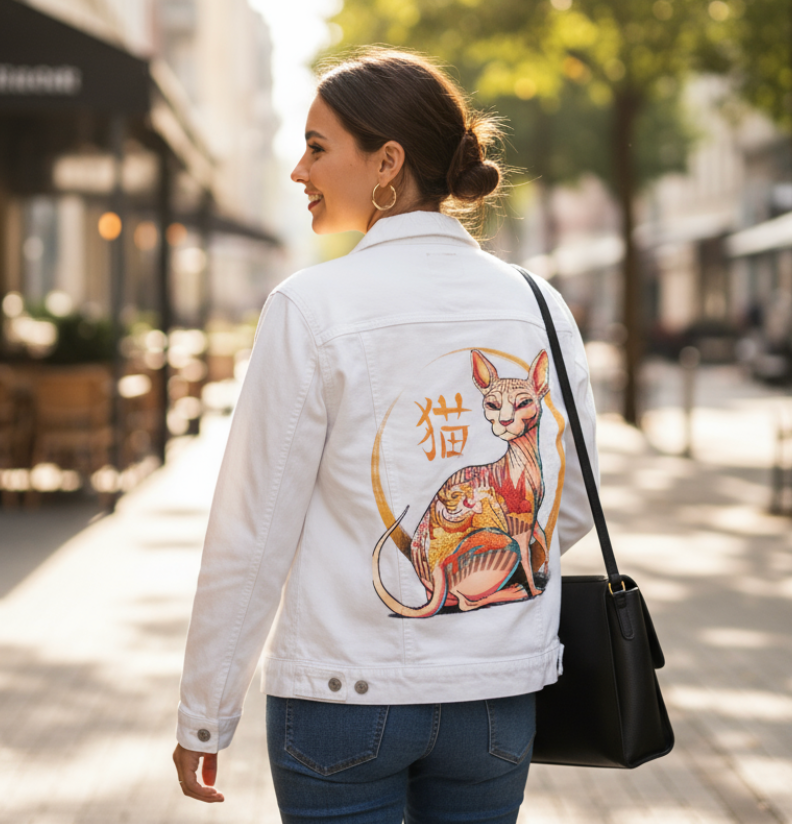 YAKUZA CAT by TOBE FONSECA, digitally printed on DENIM products: throw pillows, aprons, table place mats, and hand-made Unisex Denim Jackets in 3 color choices