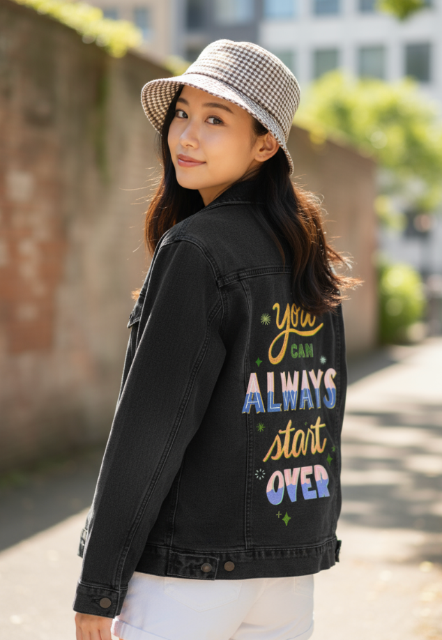 YOU CAN ALWAYS START OVER by thearticsoul, digitally printed on DENIM products: throw pillows, aprons, table place mats, and hand-made Unisex Denim Jackets in 3 color choices