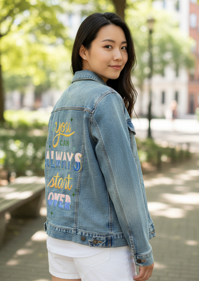 YOU CAN ALWAYS START OVER by thearticsoul, digitally printed on DENIM products: throw pillows, aprons, table place mats, and hand-made Unisex Denim Jackets in 3 color choices