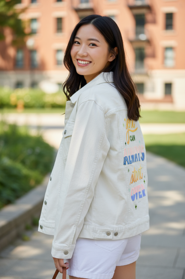 YOU CAN ALWAYS START OVER by thearticsoul, digitally printed on DENIM products: throw pillows, aprons, table place mats, and hand-made Unisex Denim Jackets in 3 color choices