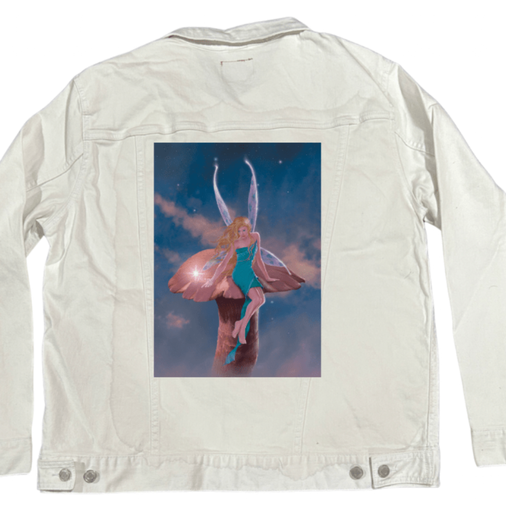 A FAIRY'S WISH by VINCENT HIE, printed on denim jackets and other denim products: tote bags, throw pillows, table place mats, aprons