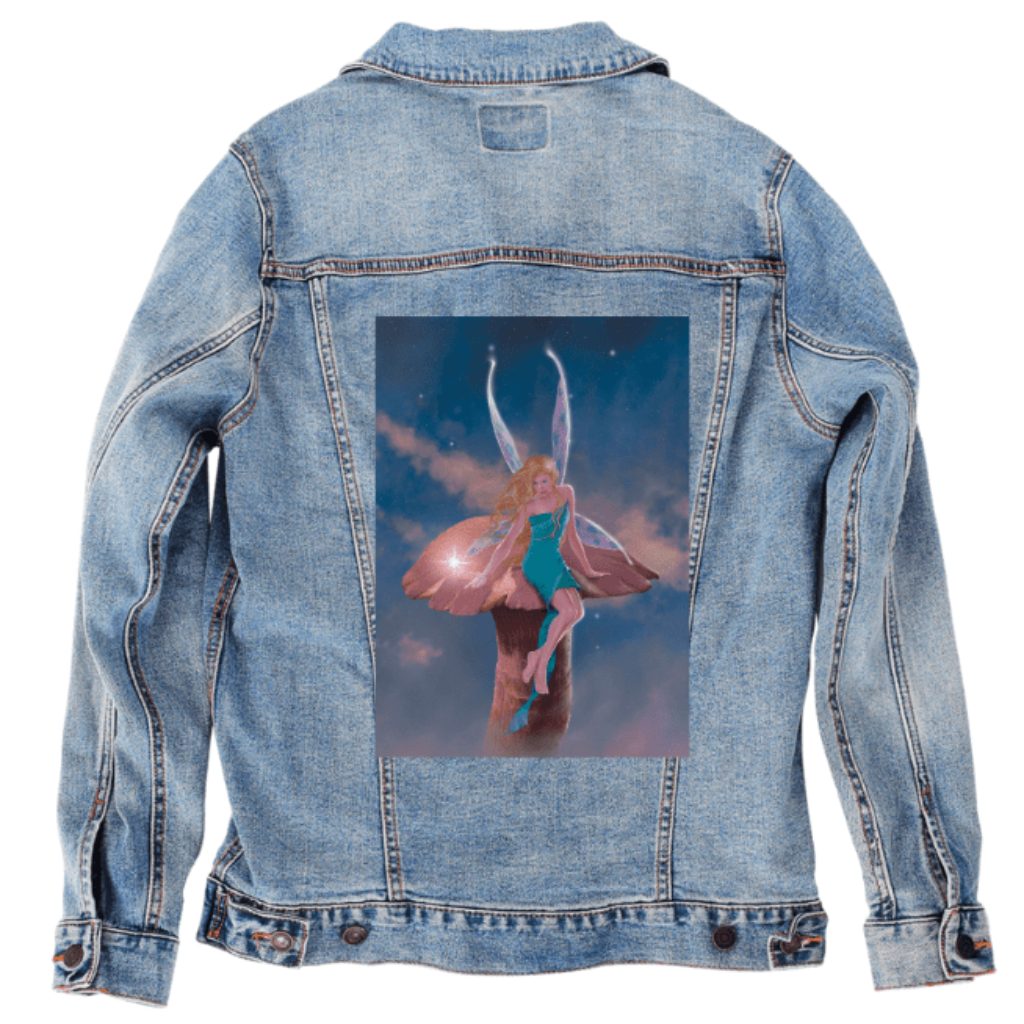 A FAIRY'S WISH by VINCENT HIE, printed on denim jackets and other denim products: tote bags, throw pillows, table place mats, aprons