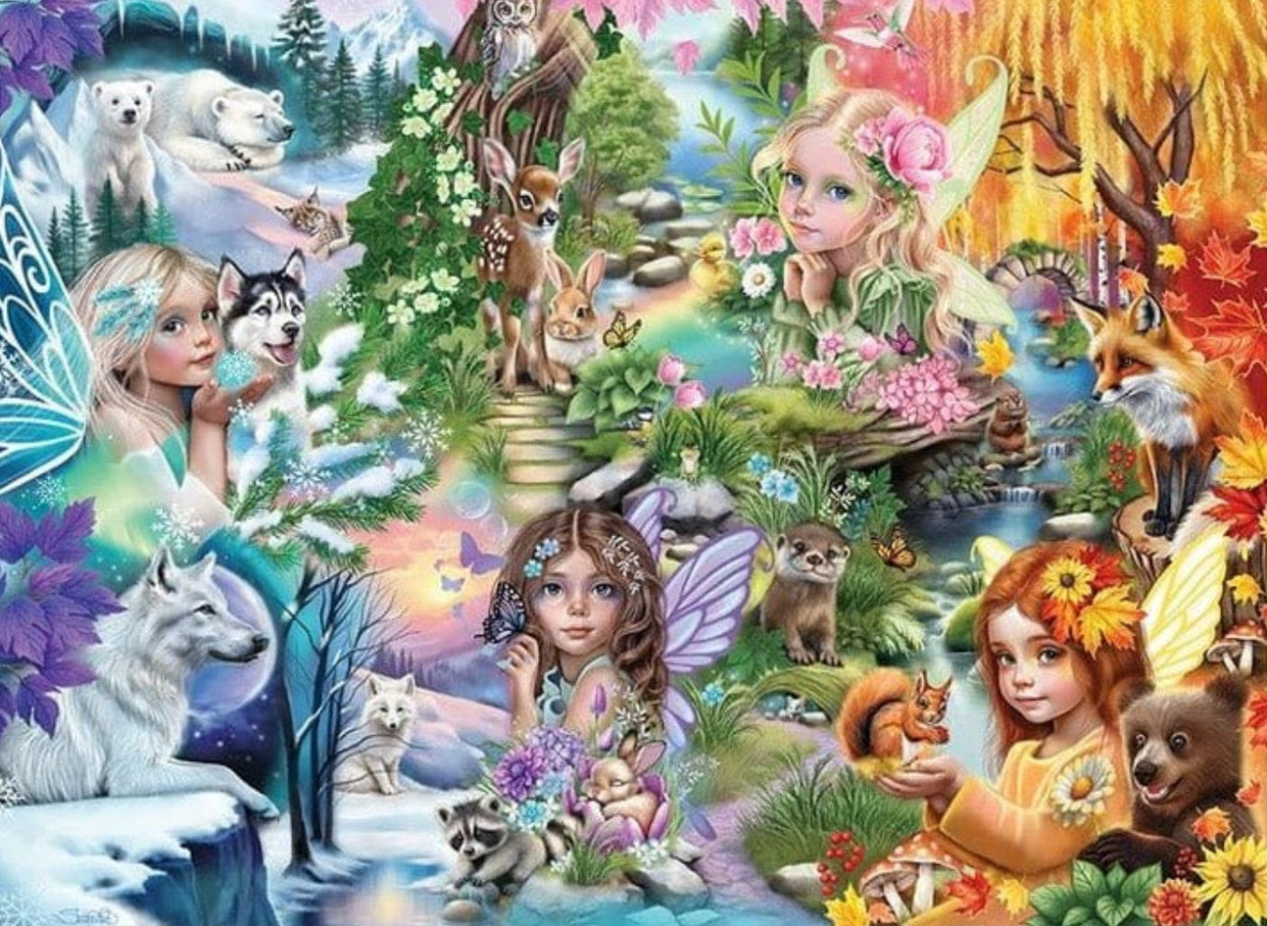 illustration of a richly detailed fantasy forest scene showing multiple fairy children with translucent wings arranged across a flowing landscape that shifts through winter, spring, summer, and autumn. the fairies have soft expressive faces and pastel wings, surrounded by animals including polar bears, wolves, deer, foxes, squirrels, raccoons, otters, rabbits, owls, and birds. snow, flowers, green foliage, and autumn leaves appear simultaneously, connected by streams, stones, and paths. layered painterly te